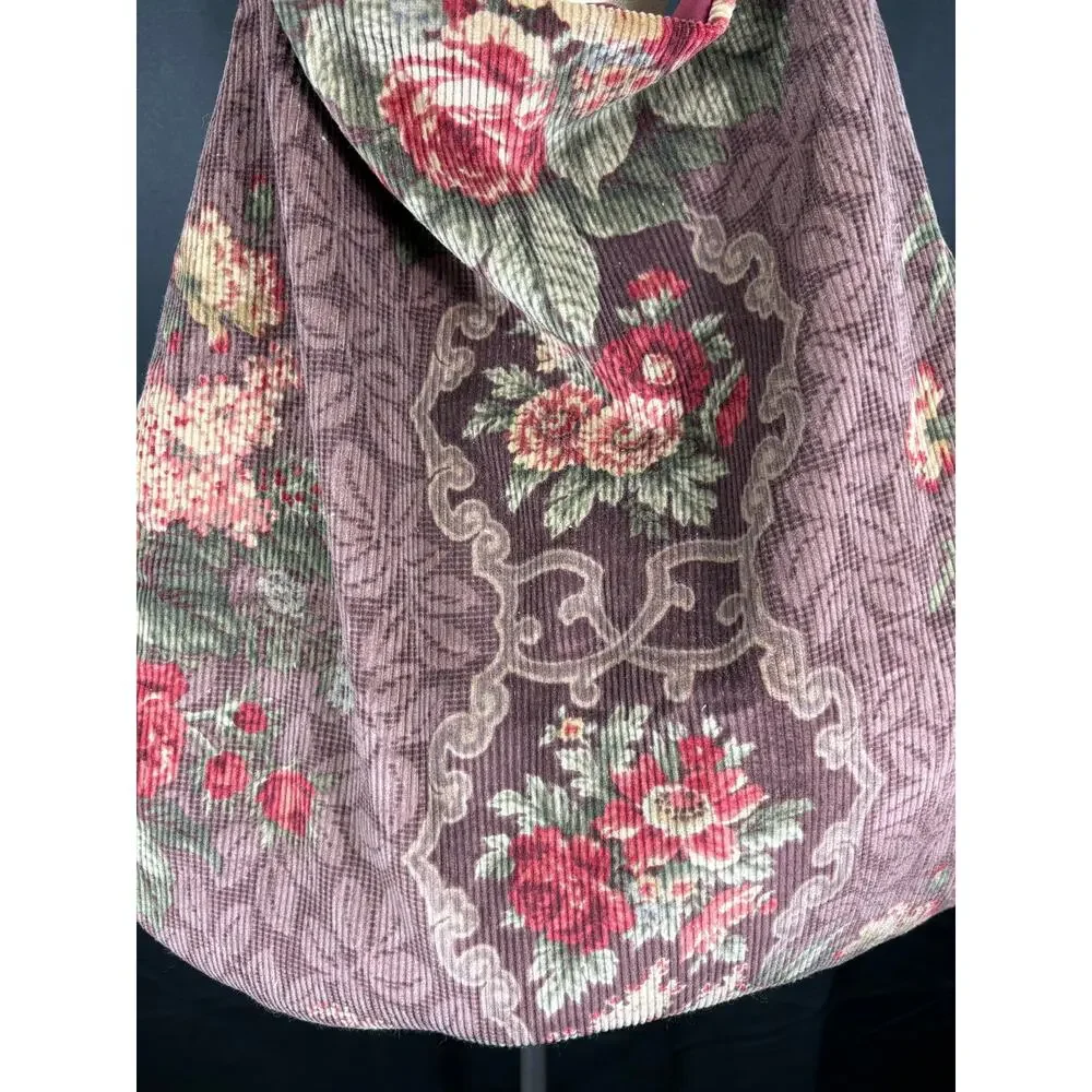 Handcrafted Large Hobo Bag Created with Vintage Fabric Corduroy Tapestry Print